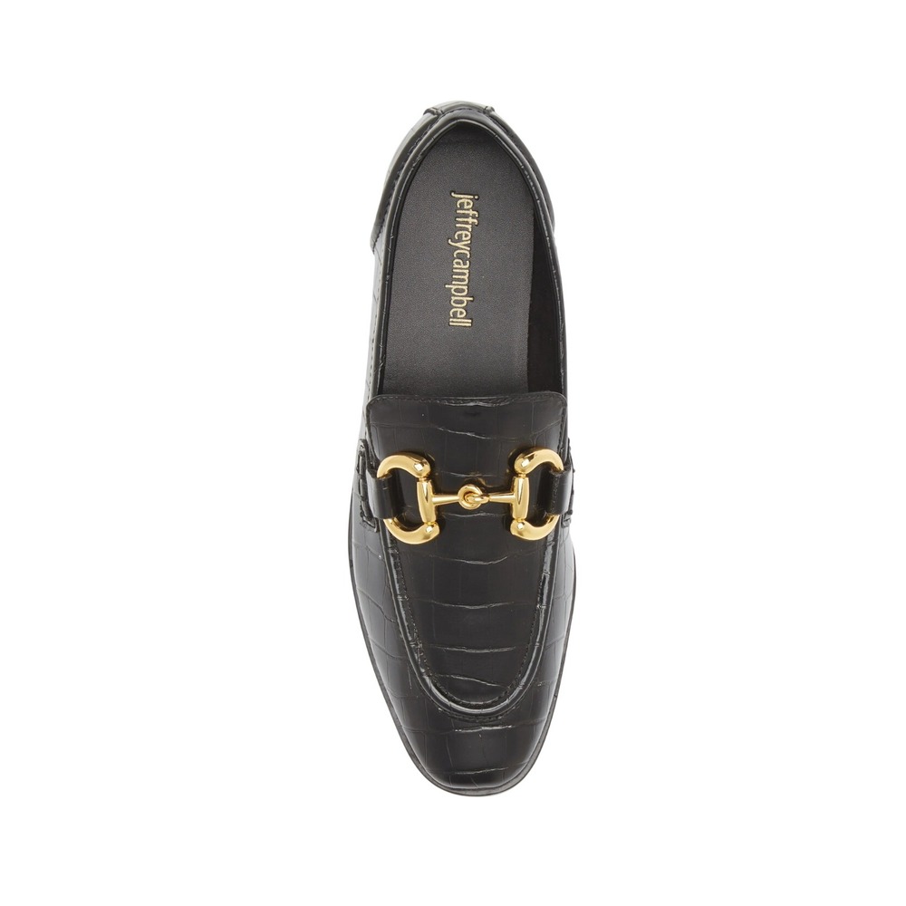 Jeffrey Campbell Black Croc Glossy Horsebit Loafers Gold Buckle Flats 8.5 Preppy